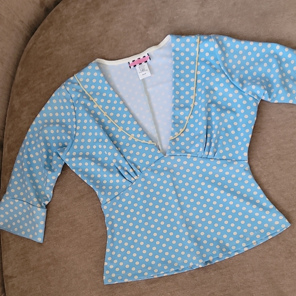 Pinup Couture Tops - Pinup Couture Blue & Yellow Polka-dot Blouse Rare